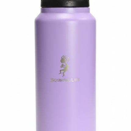 Purple water bottle with a black handle and a gold Squirrel Life logo