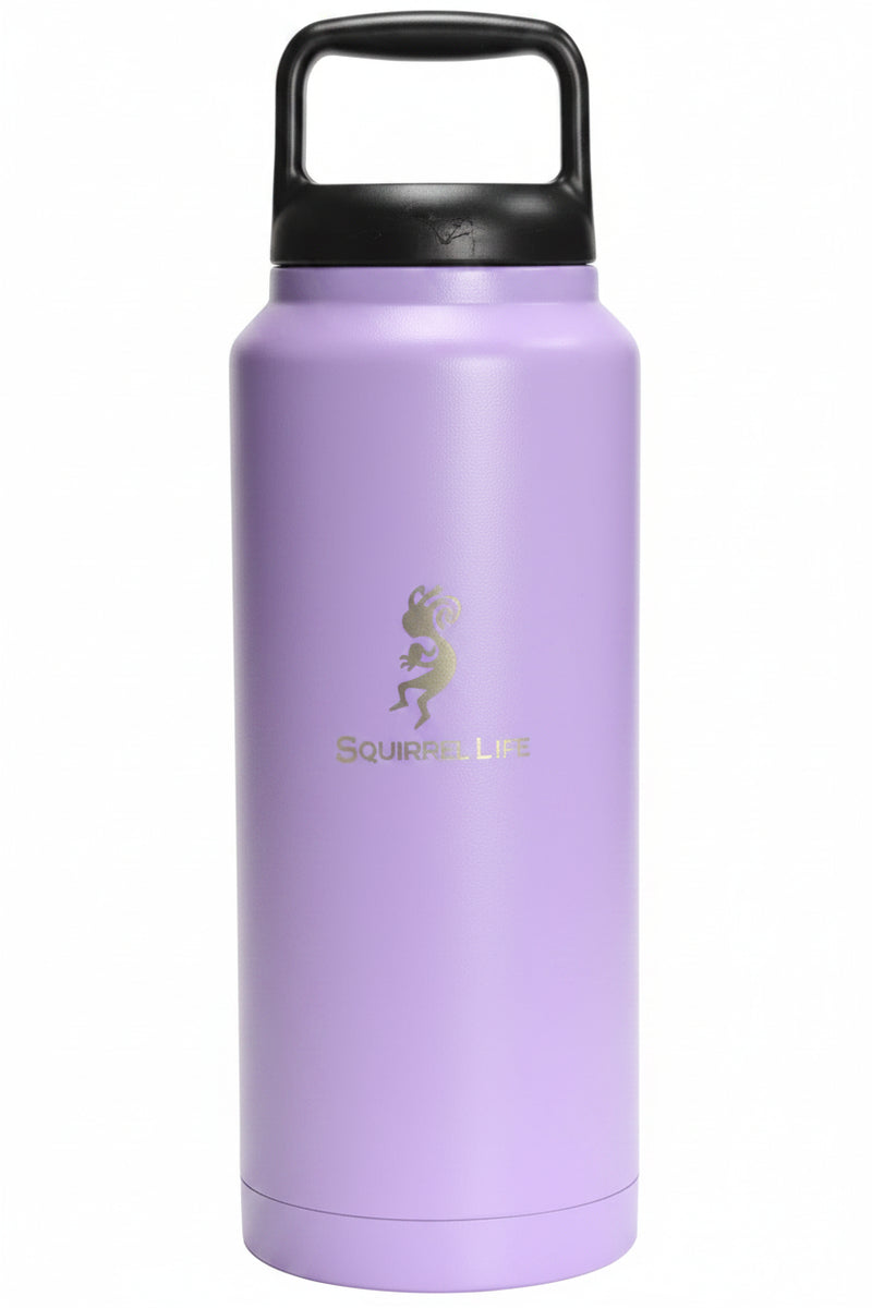 Purple water bottle with a black handle and a gold Squirrel Life logo