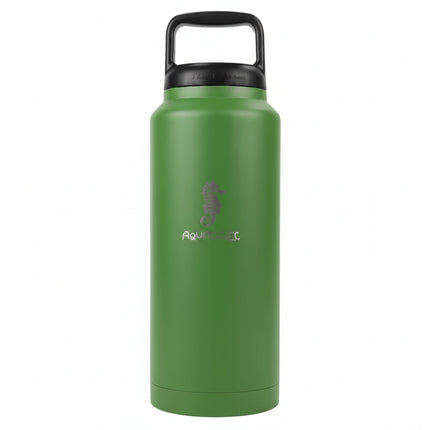 Green water bottle with black handle lid and a seahorse logo
