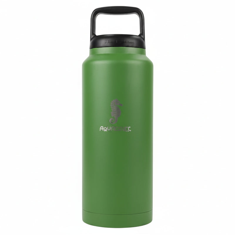 Green water bottle with black handle lid and a seahorse logo