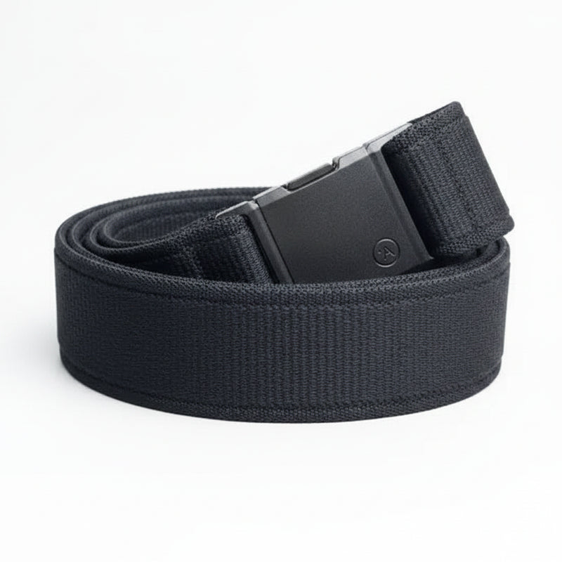 Black nylon belt with a black plastic buckle featuring a small circular logo