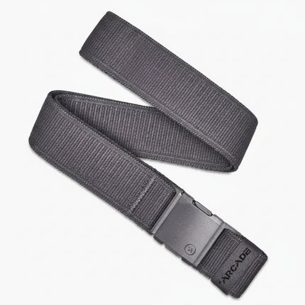 Gray belt with a black buckle and the word Arcade embroidered on the end
