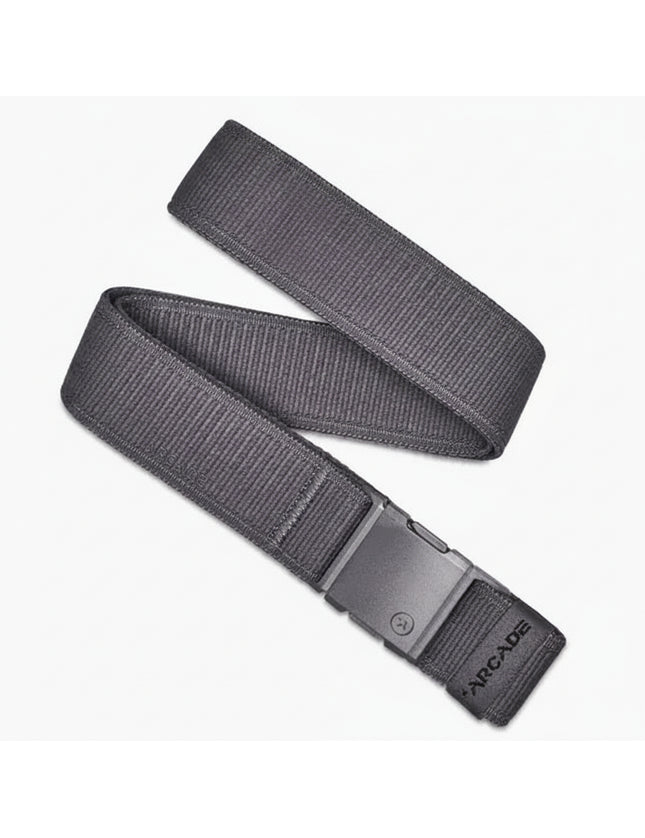 Gray belt with a black buckle and the word Arcade embroidered on the end