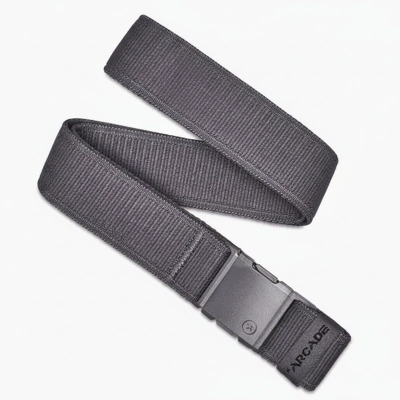 Gray belt with a black buckle and the word Arcade embroidered on the end