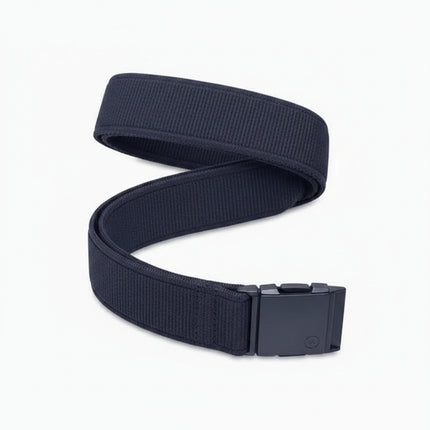 Black woven belt with a black plastic buckle