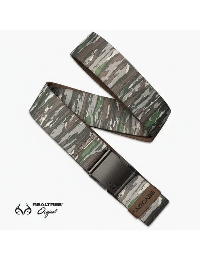 Realtree Original camo belt with a black buckle and Arcade branding