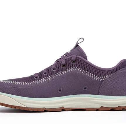 Purple sneaker with white stitching, light blue trim, and a brown sole
