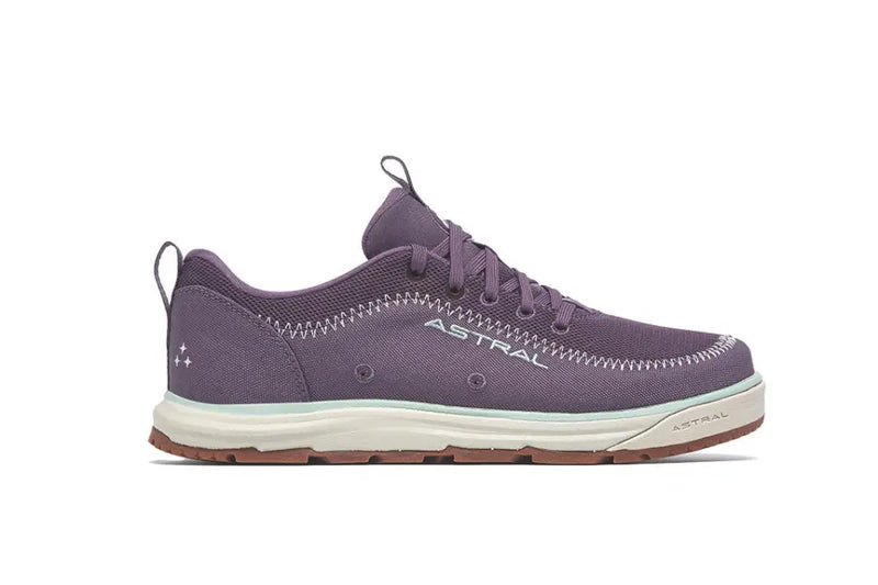 Astral purple shoe with white stitching and light blue trim