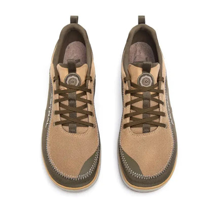 Pair of brown and tan athletic shoes with dark brown laces, top-down view