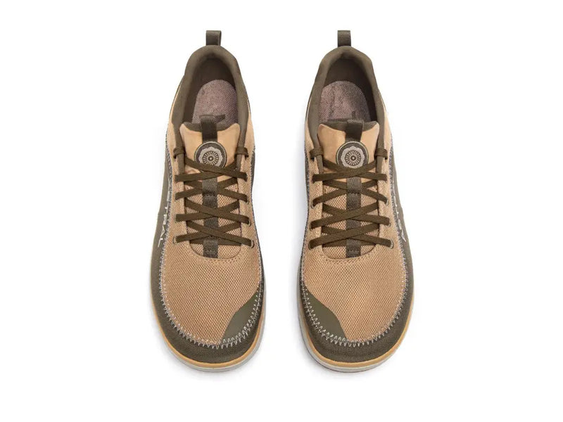Pair of brown and tan athletic shoes with dark brown laces, top-down view