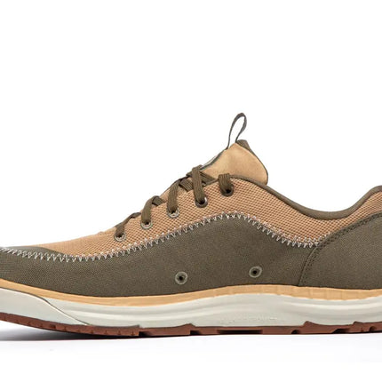 Brown and tan shoe with white stitching and a thick white sole