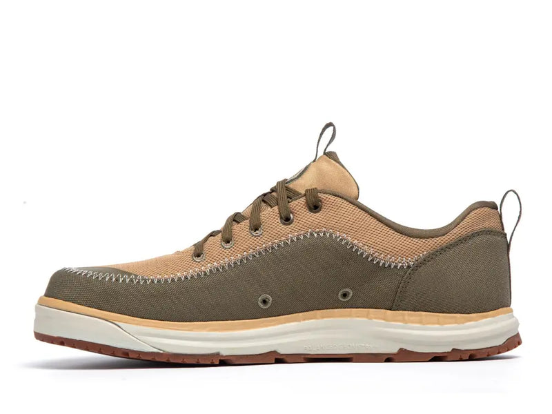 Brown and tan shoe with white stitching and a thick white sole