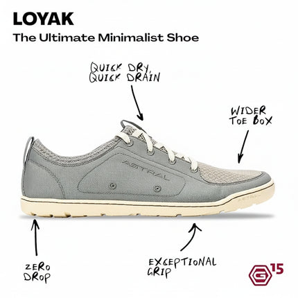 Loyak minimalist shoe in gray with features: quick dry, quick drain, wider toe box, zero drop, exceptional grip