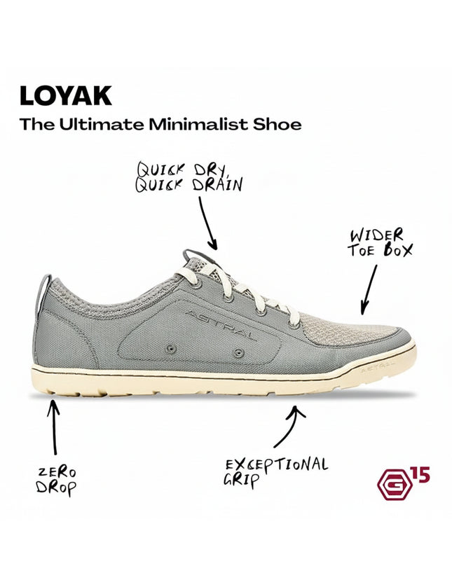 Loyak minimalist shoe in gray with features: quick dry, quick drain, wider toe box, zero drop, exceptional grip