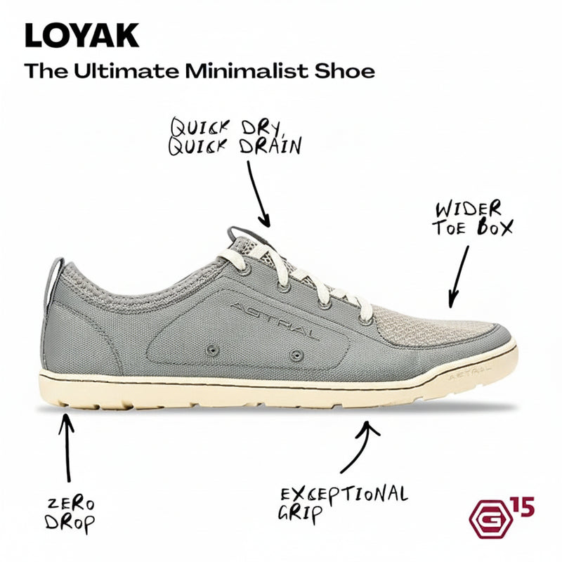 Loyak minimalist shoe in gray with features: quick dry, quick drain, wider toe box, zero drop, exceptional grip