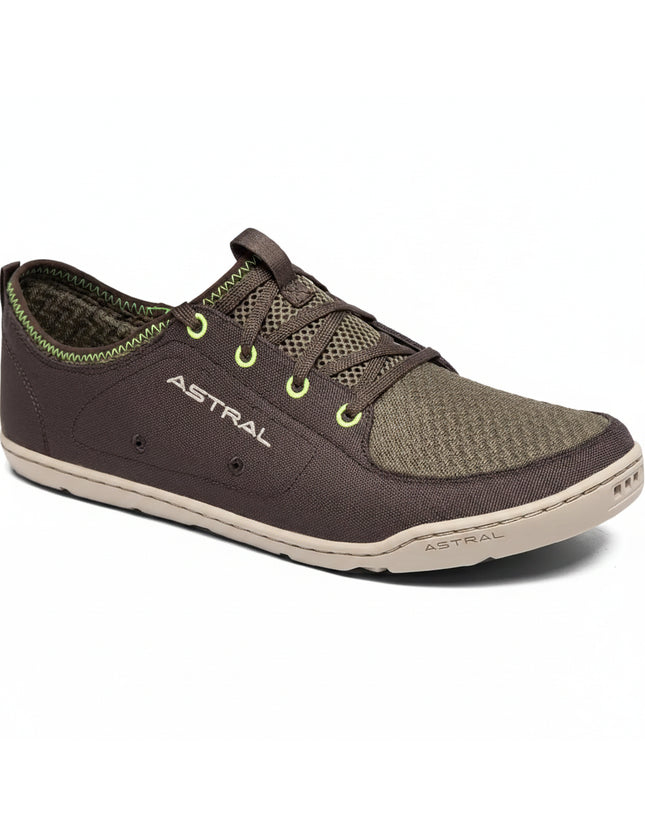 Astral Loyak AC water shoe in brown and olive green with neon yellow accents