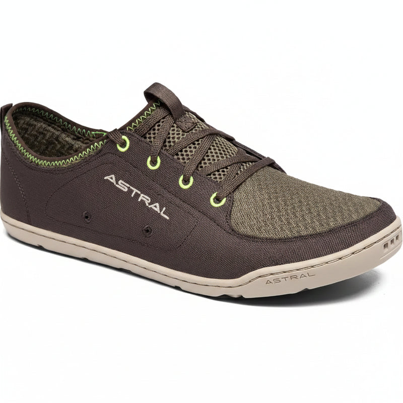 Astral Loyak AC water shoe in brown and olive green with neon yellow accents