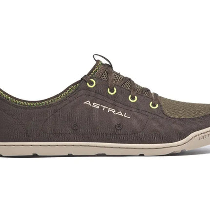Astral Loyak AC shoes in dark brown with olive green mesh and neon yellow laces