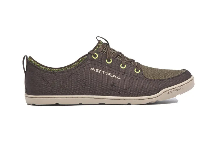 Astral Loyak AC shoes in dark brown with olive green mesh and neon yellow laces