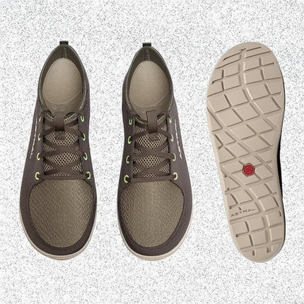 Pair of brown and green mesh shoes with a light brown sole on the right