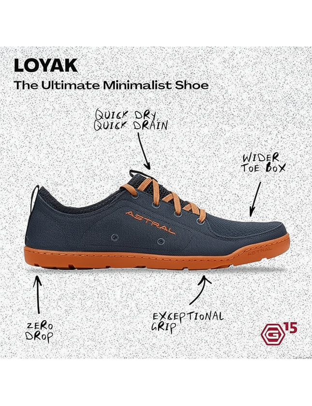 Loyak minimalist shoe in navy with orange laces and sole, highlighting features like quick dry, wider toe box, and grip