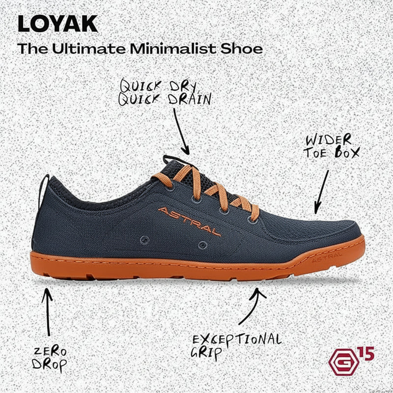 Loyak minimalist shoe in navy with orange laces and sole, highlighting features like quick dry, wider toe box, and grip