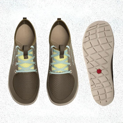Pair of brown and green shoes with light blue laces, and a view of the shoe's sole
