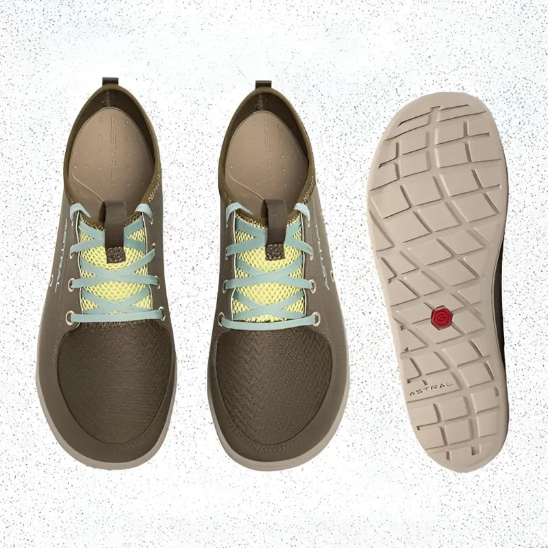 Pair of brown and green shoes with light blue laces, and a view of the shoe's sole