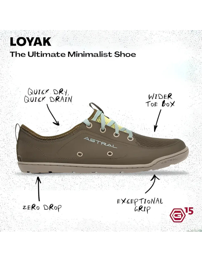 Loyak minimalist shoe in brown with light blue laces, showing quick dry, wider toe box, zero drop, and grip features