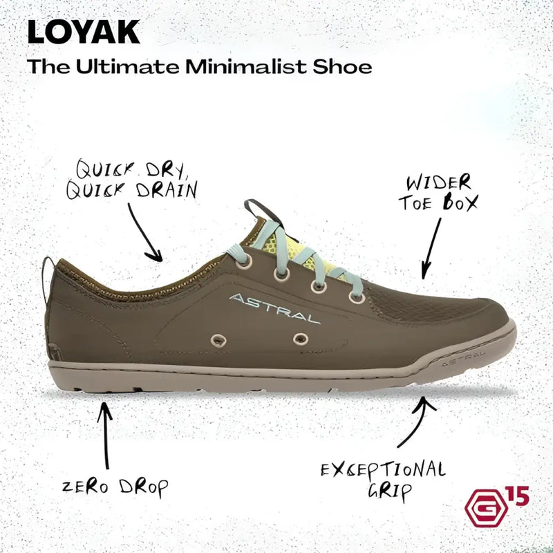 Loyak minimalist shoe in brown with light blue laces, showing quick dry, wider toe box, zero drop, and grip features