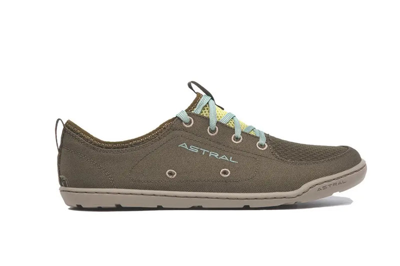 Astral Loyak AC shoe in olive green with light blue laces and yellow mesh