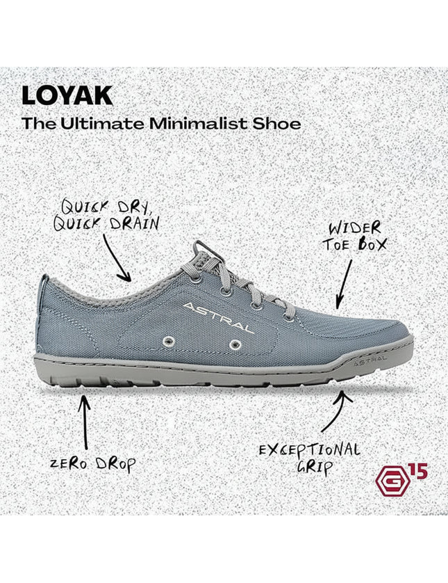 Loyak minimalist shoe with quick dry, quick drain, wider toe box, zero drop, and exceptional grip features