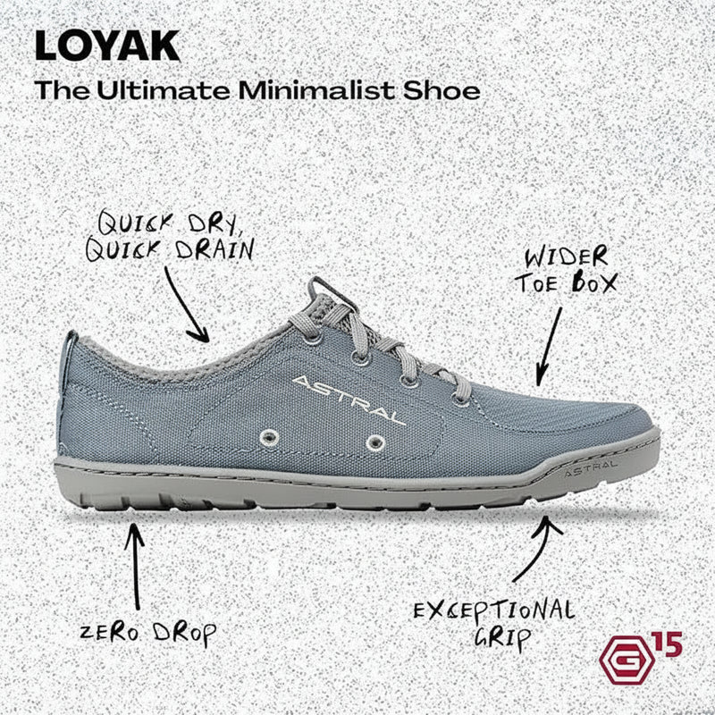 Loyak minimalist shoe with quick dry, quick drain, wider toe box, zero drop, and exceptional grip features