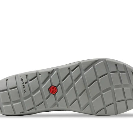 Underside of a gray shoe sole with a diamond pattern and the word ASTRAL
