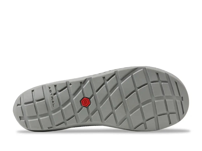 Underside of a gray shoe sole with a diamond pattern and the word ASTRAL