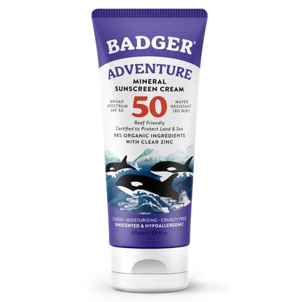 Badger Adventure Mineral Sunscreen Cream SPF 50 with orca whales on the label