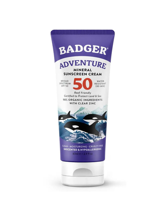 Badger Adventure Mineral Sunscreen Cream SPF 50 with orca whales on the label