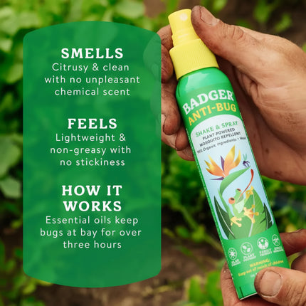Hand holding a green bottle of Badger Anti-Bug spray with text describing its scent, feel, and how it works