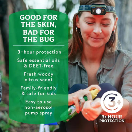 Woman spraying bug repellent on her arm, with text describing product benefits and 3+ hour protection