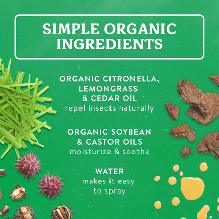 Simple organic ingredients graphic with text describing citronella, lemongrass, cedar, soybean, castor oils, and water