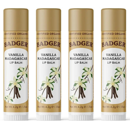 Four tubes of Badger Vanilla Madagascar Lip Balm