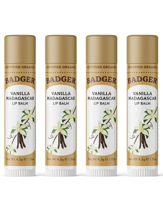 Four tubes of Badger Vanilla Madagascar Lip Balm