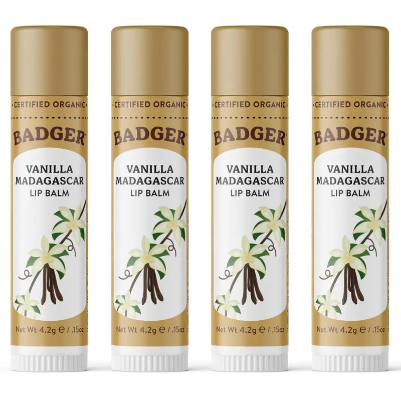 Four tubes of Badger Vanilla Madagascar Lip Balm