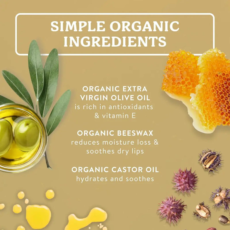Simple organic ingredients graphic with olive oil, beeswax, and castor oil