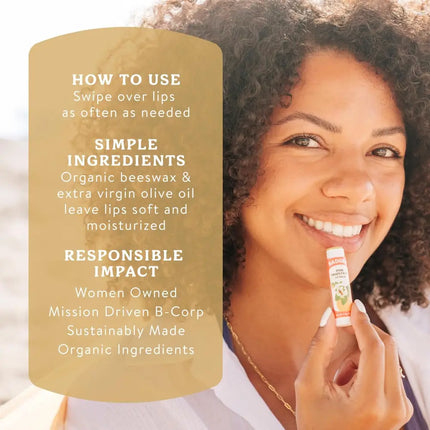 Woman holding lip balm with text overlay describing product use, ingredients, and responsible impact