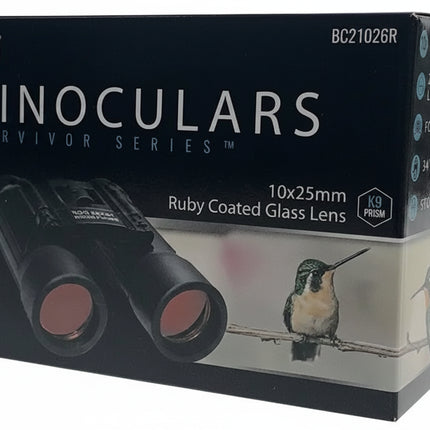 SE Survivor Series 10x25mm Binoculars with ruby coated glass lens in packaging