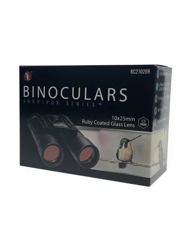 SE Survivor Series 10x25mm Binoculars with ruby coated glass lens in packaging