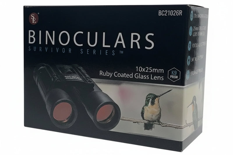 SE Survivor Series 10x25mm Binoculars with ruby coated glass lens in packaging
