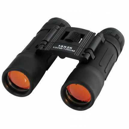 Black binoculars with orange-tinted lenses and a central focusing wheel