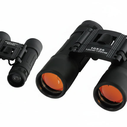 Two black 10x25 binoculars with orange-tinted lenses, one smaller and one larger